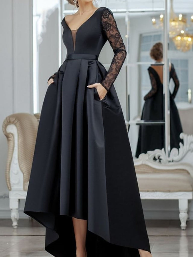 Black Long Sleeves V Neck Lace Prom Dress with Slit, Long Sleeves Blac –  abcprom
